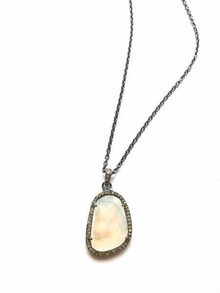 Moonstone with Diamond Accent Pendant on Black Delicate Chain Necklace