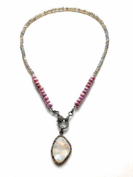 Pink Sapphire and Labradorite Necklace with Diamond Clasp and Moonstone and Diamond Pendant