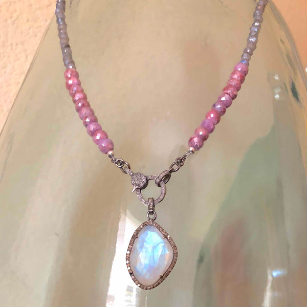 Pink Sapphire and Labradorite Necklace with Diamond Clasp and Moonstone and Diamond Pendant
